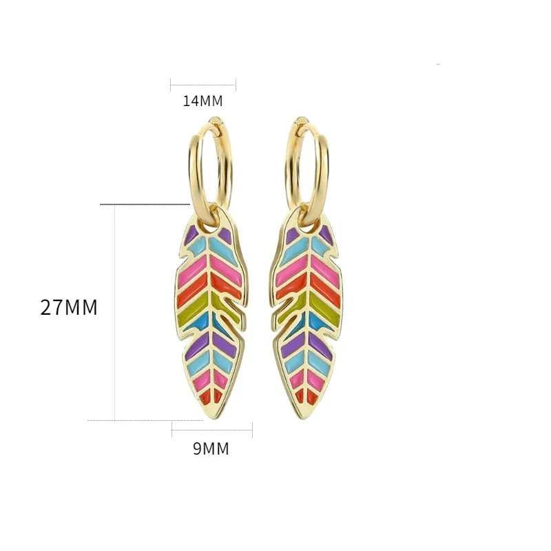 Colorful Enamel Plant Big Leaf Hanging  for Women Boho Long Feather Drop  Statement Fashion Jewelry Pendientes