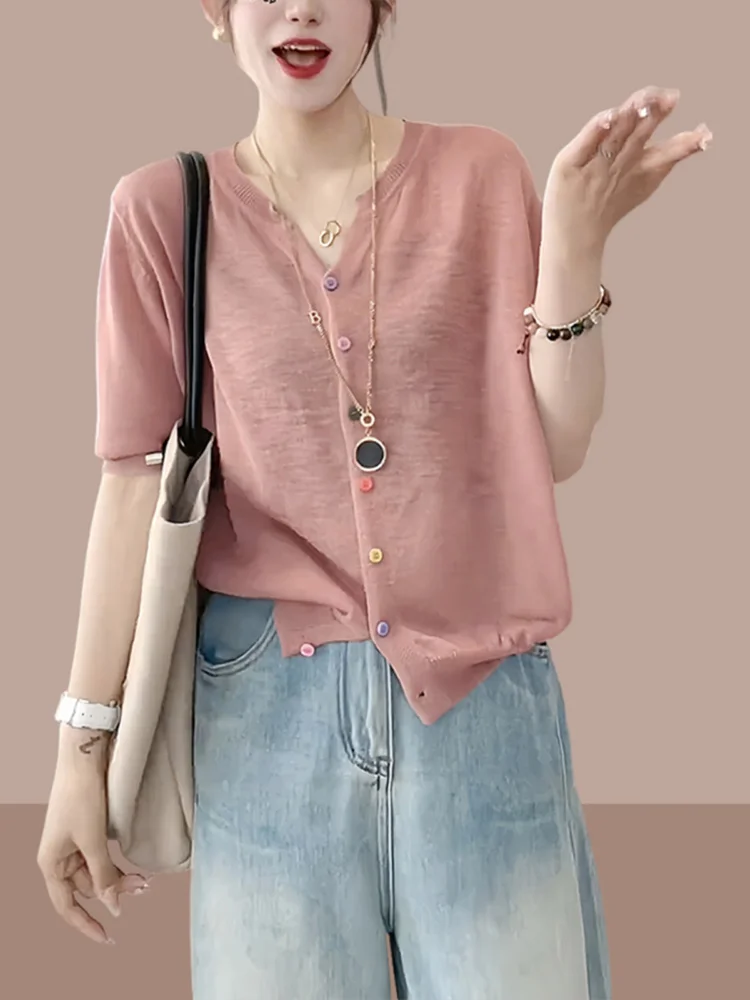 

Summer 2026 Ladies Pink V-Neck Ice Silk Knitted Open Cardigan Thin Anti-Aging Stylish Sunscreen Half Sleeve Top