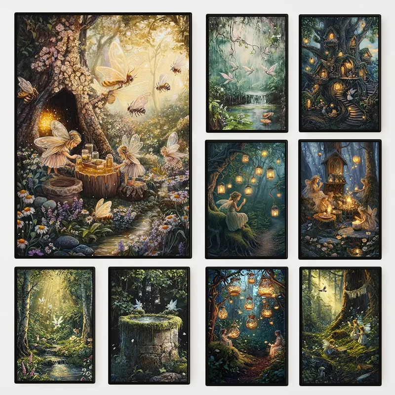 Póster Vintage de hadas del bosque de cuento de hadas, Academia oscura, pintura en lienzo de elfo Cottagecore antiguo, arte de pared, decoración del hogar para sala de estar