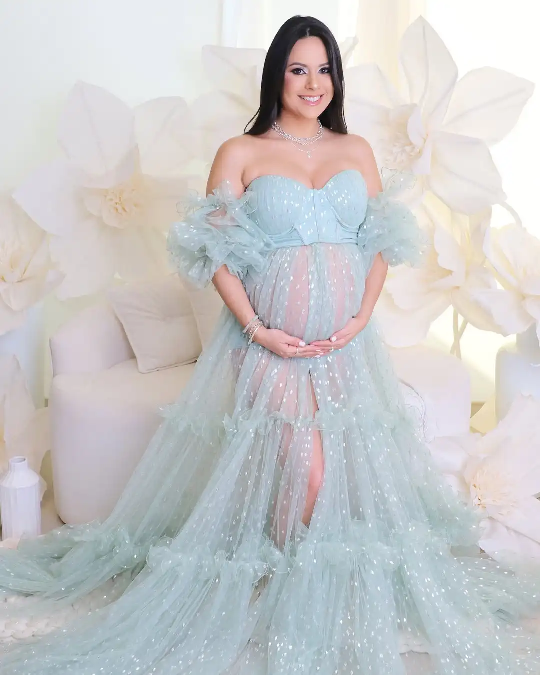 Abiti premaman in rete glitterata Abiti premaman in tulle con scollo a cuore senza spalline Abito fotografico per gravidanza con spacco frontale trasparente