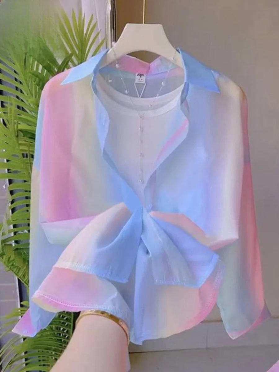 

Rainbow Ultra-Fairy Sun Protection irt Women's Summer Thin Loose Outerwear Ice Silk Chiffon irt UV Protection Open Cardig...