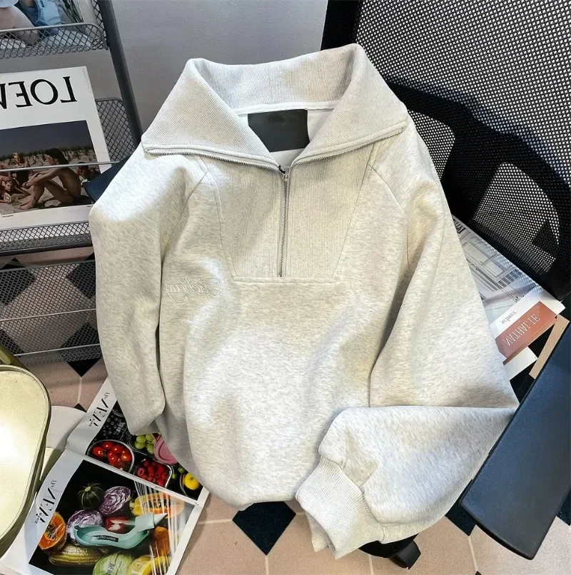 Spring Autumn Casual Sweatershirt for Women Turn Down Collar Pullover Hoodies Loose Long Sleeve Basic Korean Tops Y2k Clothes