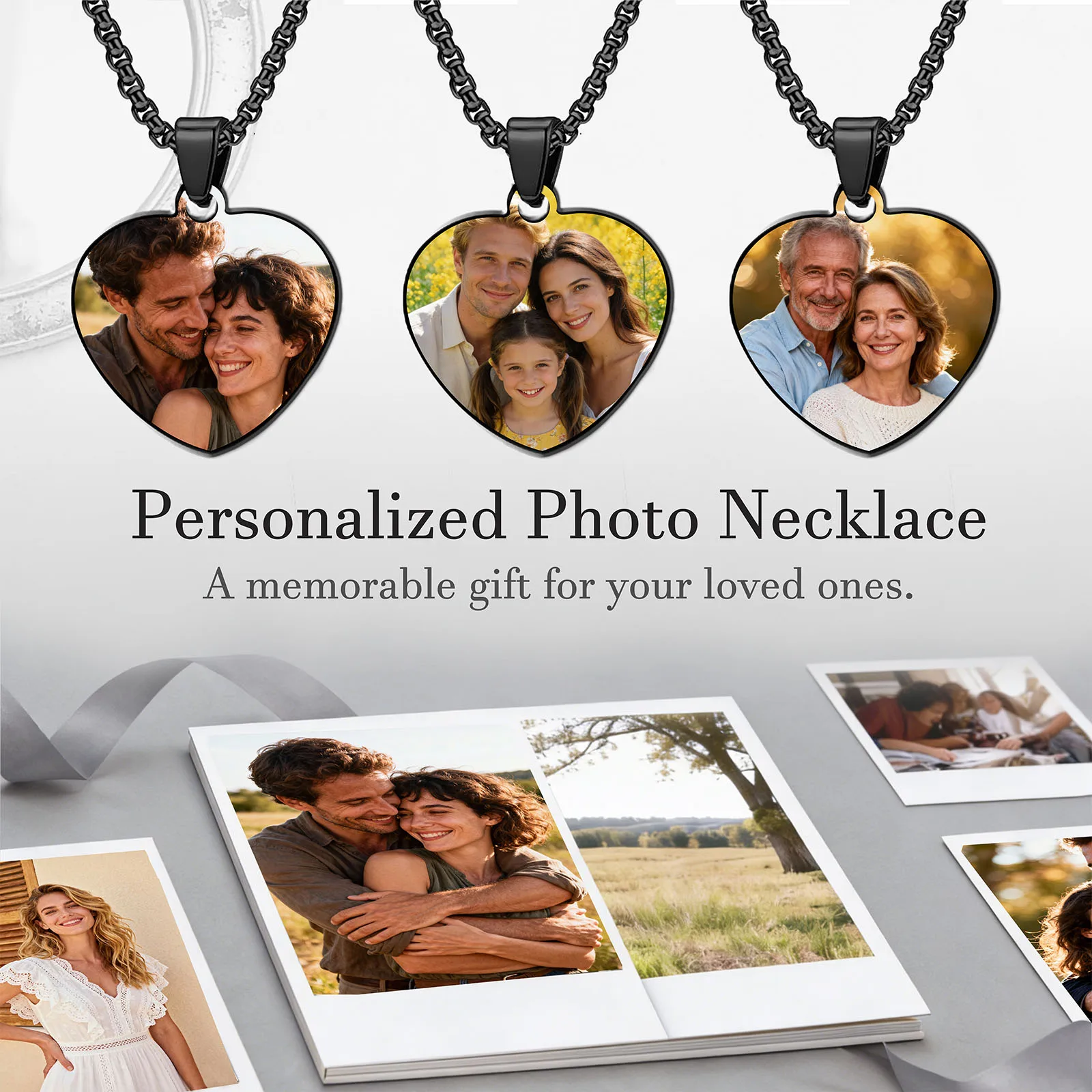 Personalized Heart Photo Necklace Custom Text Color Picture Memorial Gift For Men Couple Dad Husband Stainless Steel Pendant