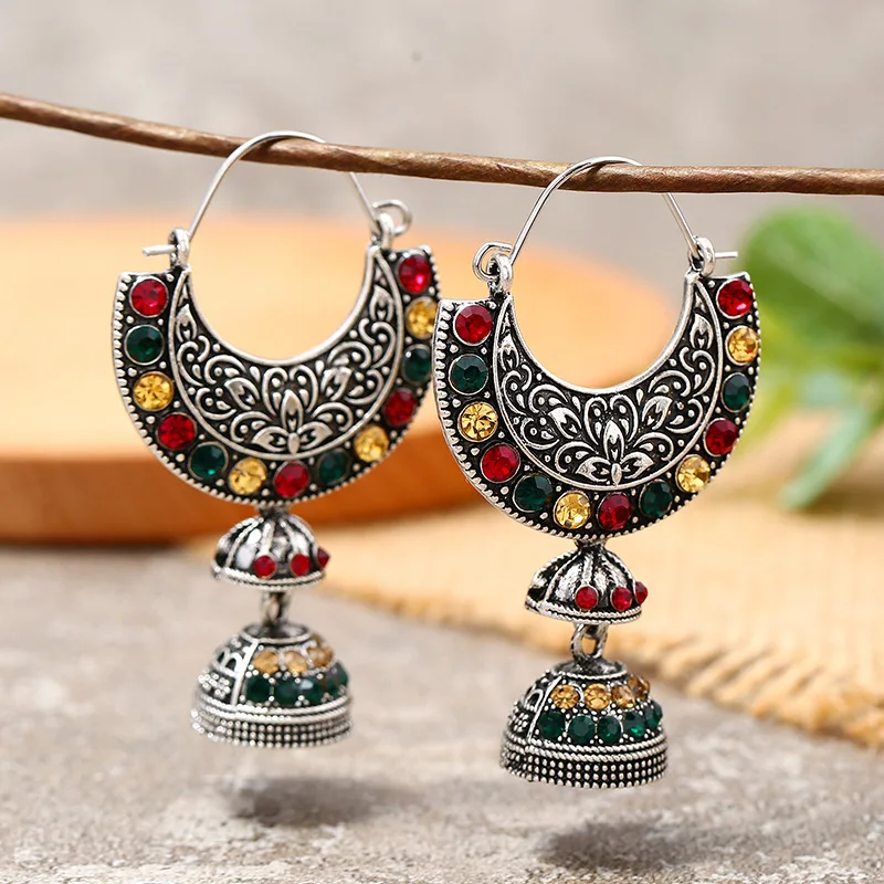 Ethnic Antique Metal Colorful Zircon Drop Earrings for Women Vintage Egypt Earrings Gold Plated Bells Dangle Statement Jewelry