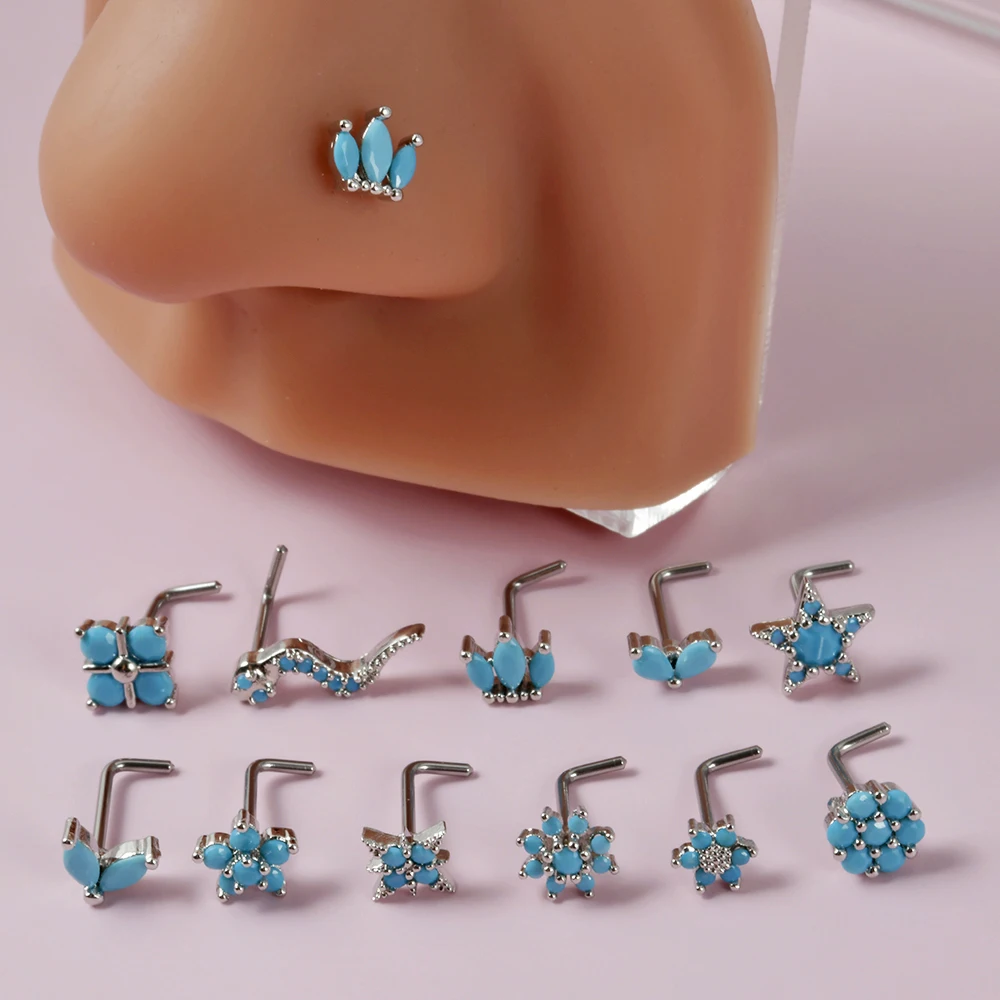 1PC Turquoise Nose Bone Ring Marquise Gem Sunflower L Shape Nose Stud 20g Ear Lobe Piercing Tragus Earrings Piercing Jewelry