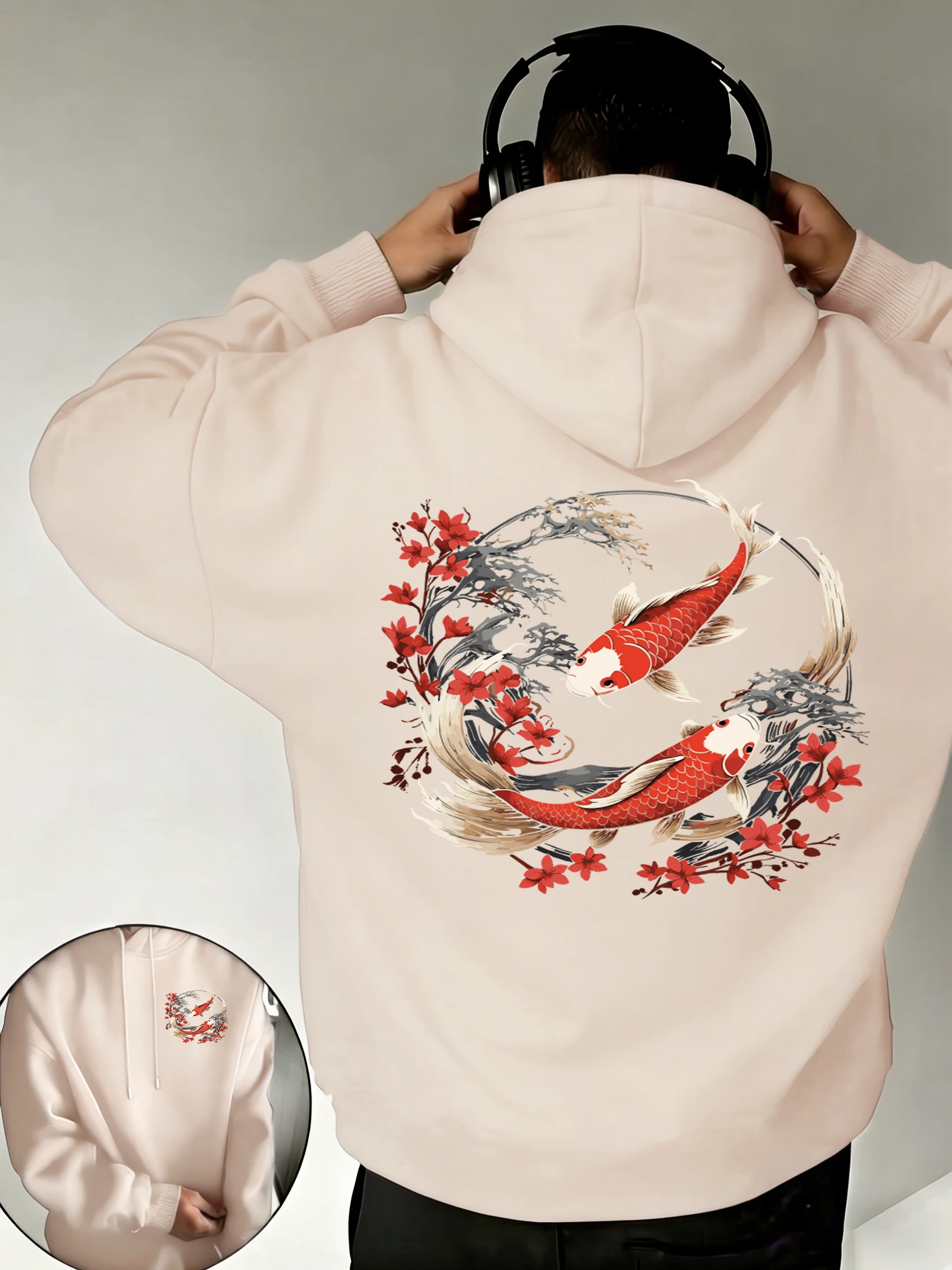 

Мужские уличные модные толстовки с принтом Harajuku Koi, свободные мягкие флисовые свитшоты с карманами, базовые модели с длинными рукавами, унисекс, осенние пуловеры