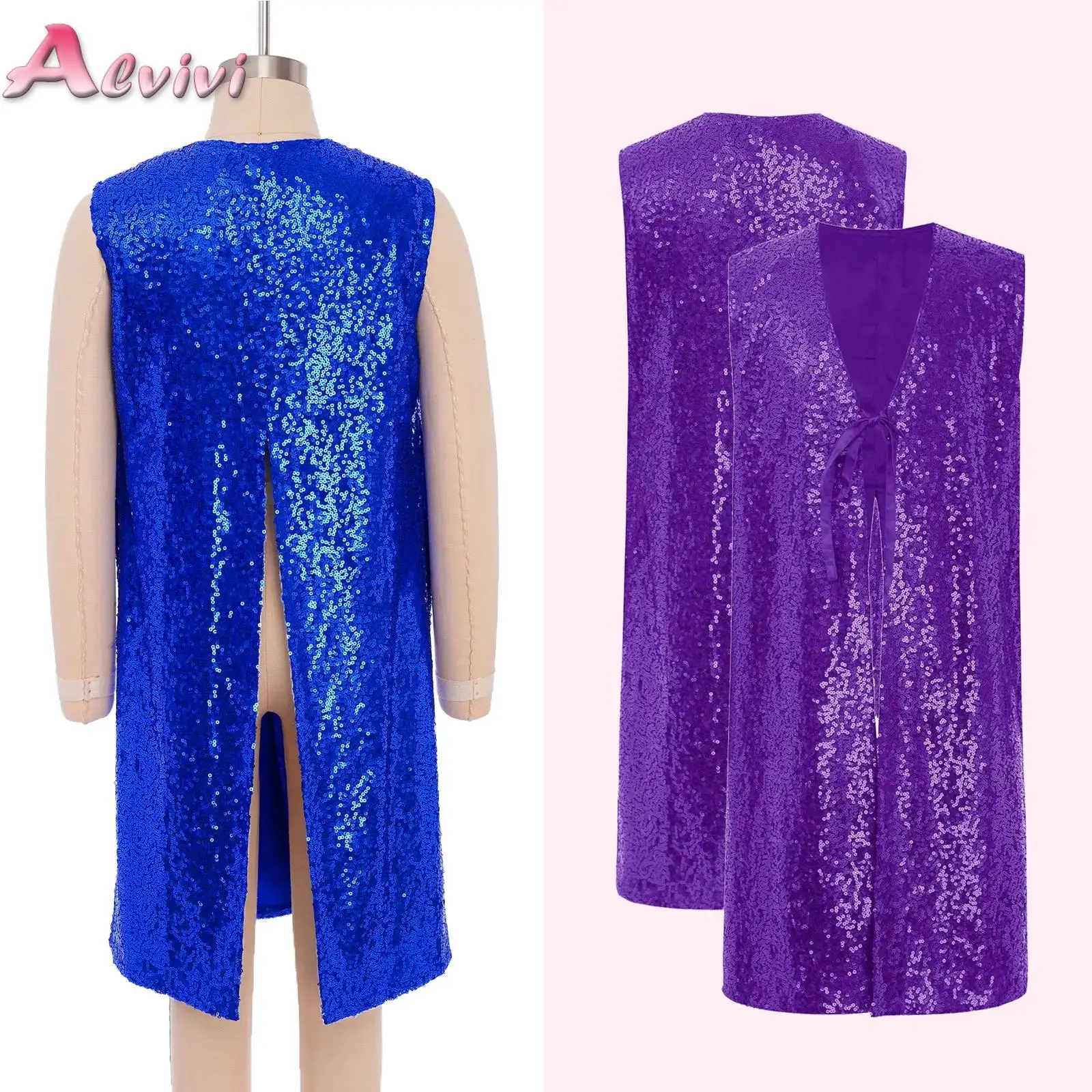 

Kids Girls Praise Worship Dance Costume Open Front Self-Tie Sleeveless Split Sequins Tunic for Stage Performance Competition