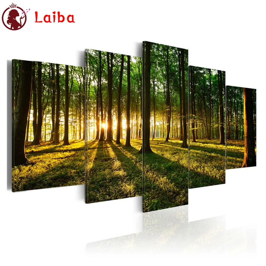 Diamond Painting Sunny Forest Tree Landscape Cross Stitch Diamond Mosaic Picture Embroidery crystal Beaded Handicraft 5pcs