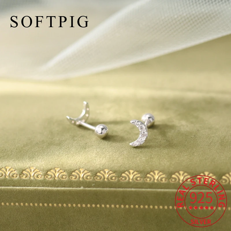 

SOFTPIG Real 925 Sterling Silver Zircon Moon Piercing Screw Bead Tiny Stud Earrings for Women Classic Fine Jewelry Accessories