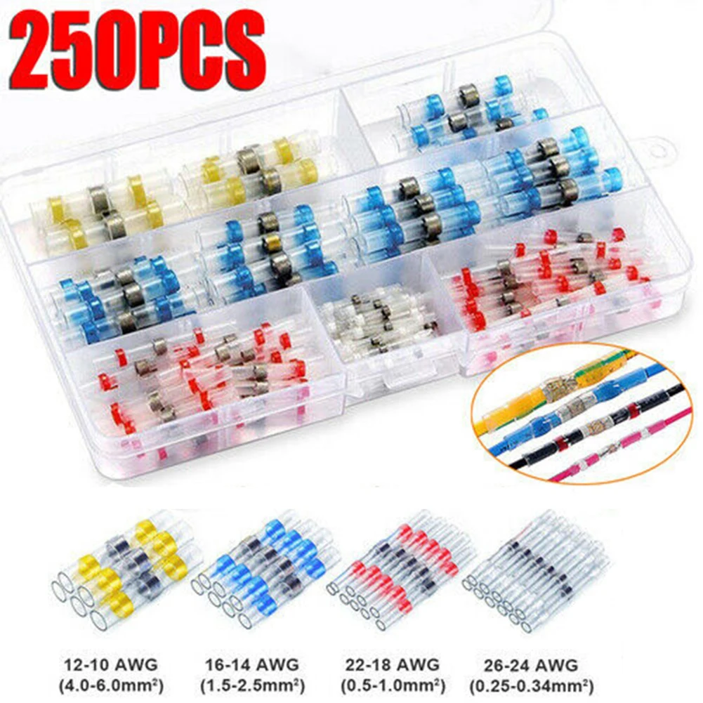 250PCS Shrink Solder Seal Wire Connectors Soldering Ring Terminals Waterproof Electrical Cable Joint Kit For Auto Marine