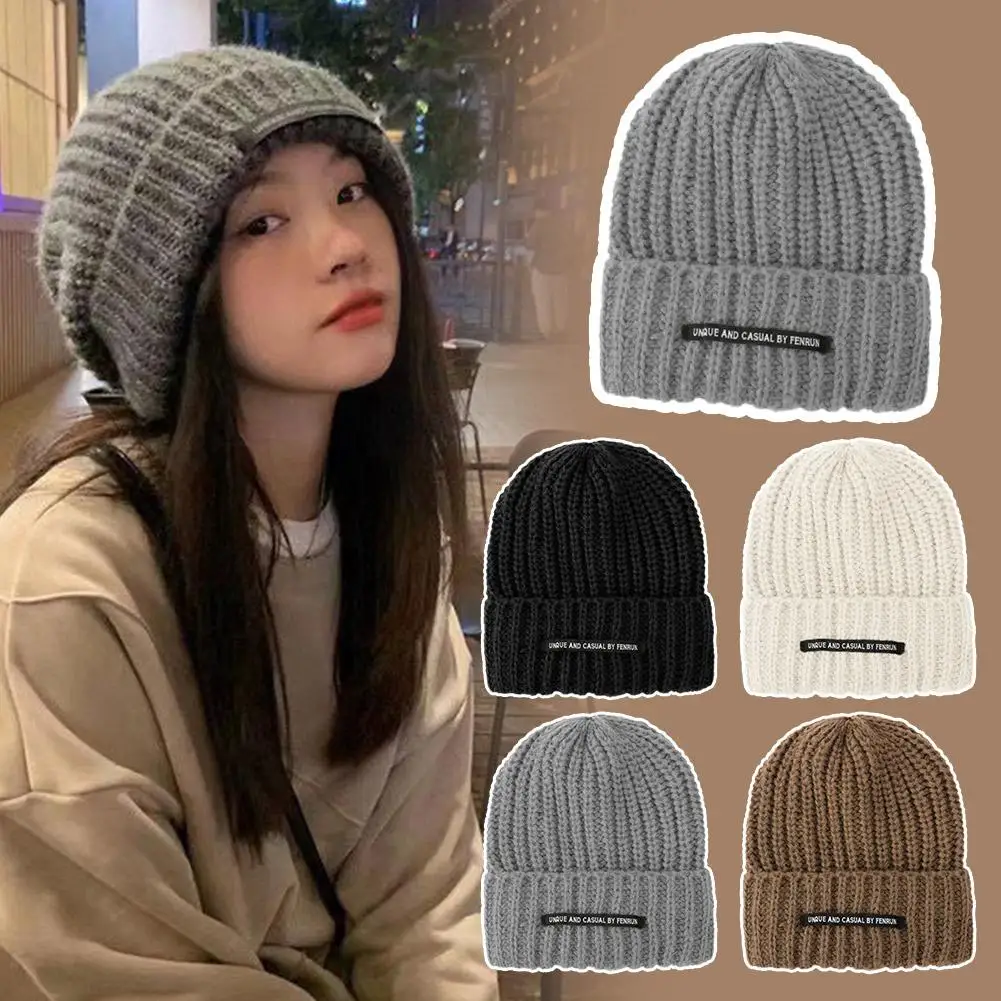 Winter Korean Style Ins Japanese Style Retro Pure Color Head Knitted Woolen Hat Circumference Thermal Large Thickened F6V8