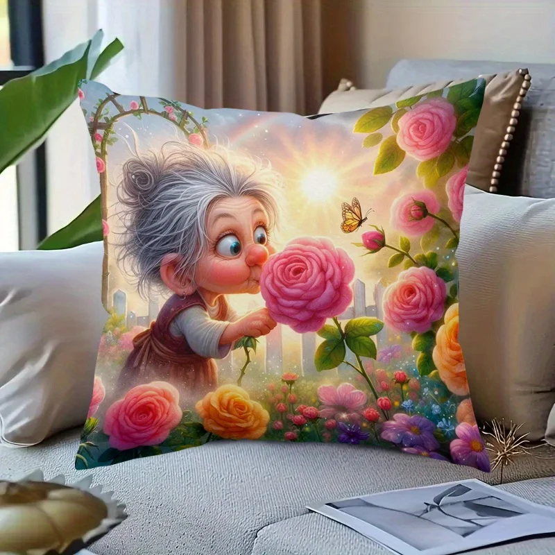 1pc 2D Flat (Pillow Not Included) Old Woman Smelling Rose Garden Cushion Cover Short Plush Whimsical Art Pillow Case Home Decor