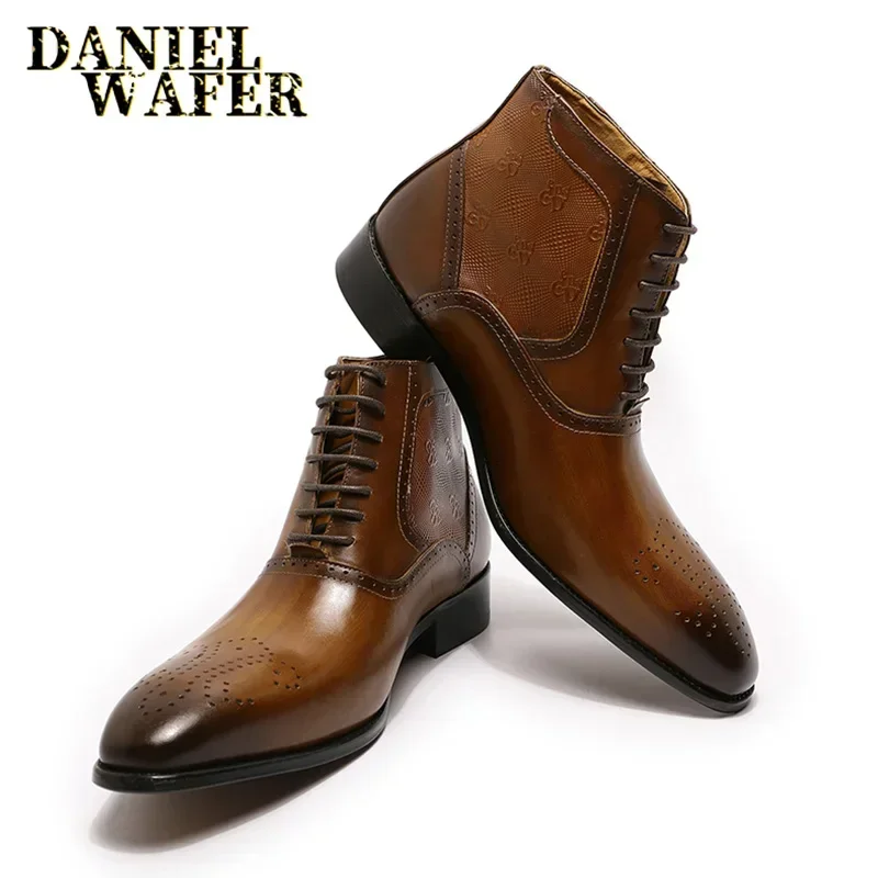

Men's Genuine Leather Burnished Handmade Brogue Ankle Boots Lace-Up Metal Buckle Embossed Pointed Toe Formal Dress Fall Winter