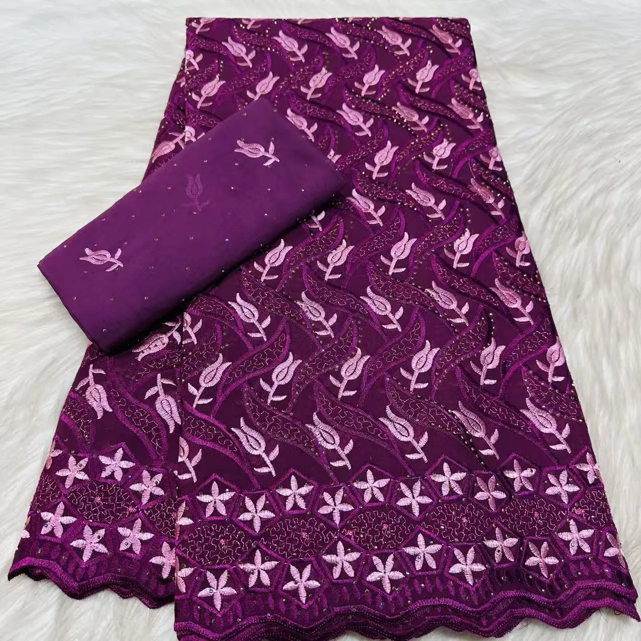 

New Arrival Purple 5+2 Yards Stones African Lace Fabric With Scarf 2026 High Quality Swiss Voile Lace Fabric For Party LYC2624