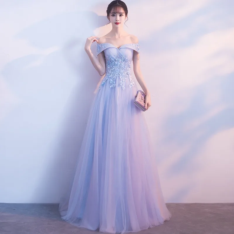 

2026 New Autumn Women's Off-Shoulder Embroidered Chiffon Evening Gown Fashion Slimming Banquet Wedding Dress Long Dress