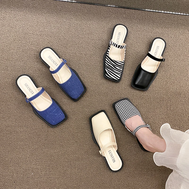 Low Flat Shoes Female Cover Toe Slippers Women Summer Slides Pantofle Platform Fashion Loafers 2024 Luxury Rubber PU Basic