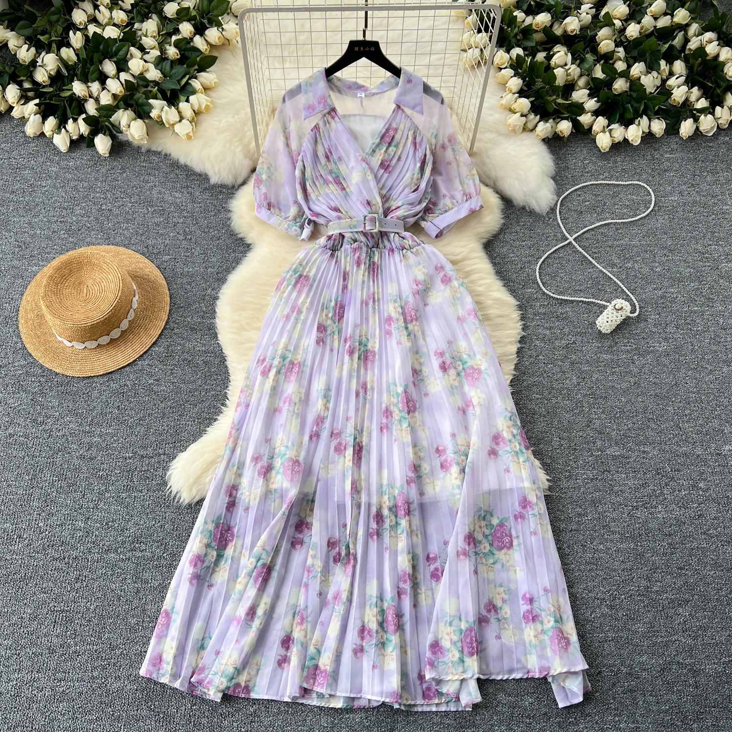 Women Lace Dresses Women Vintage Elegant V-neck Short Sleeved Dresse High Waist Chiffon Floral Skirt Draped Pleated Dresses