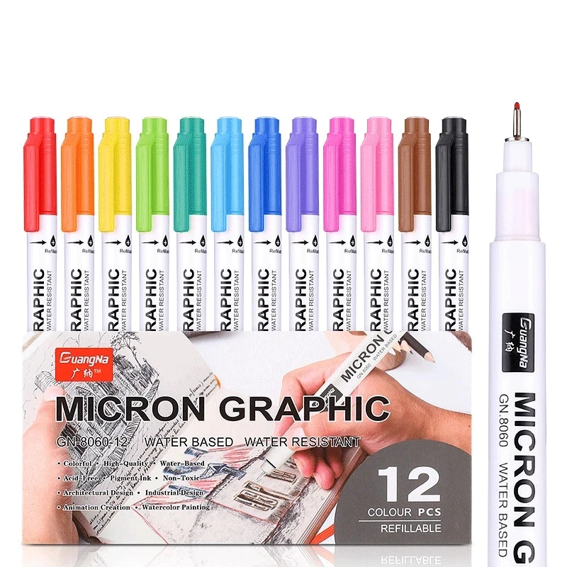 12 Colors Fineliner Set Micron Graphic Drawing Pen 0.5mm Liner Needle Manga Pens Sketch Marker Lettering Art Markers Supplies