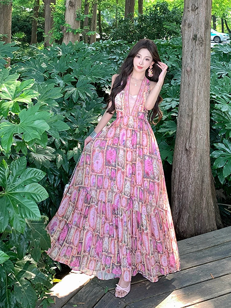 프랑스 스타일 우아한 연회 긴 드레스 섹시한 홀터넥 백리스 꽃 프린트 드레스 여름 해변 휴가 민소매 슬림 롱 드레스