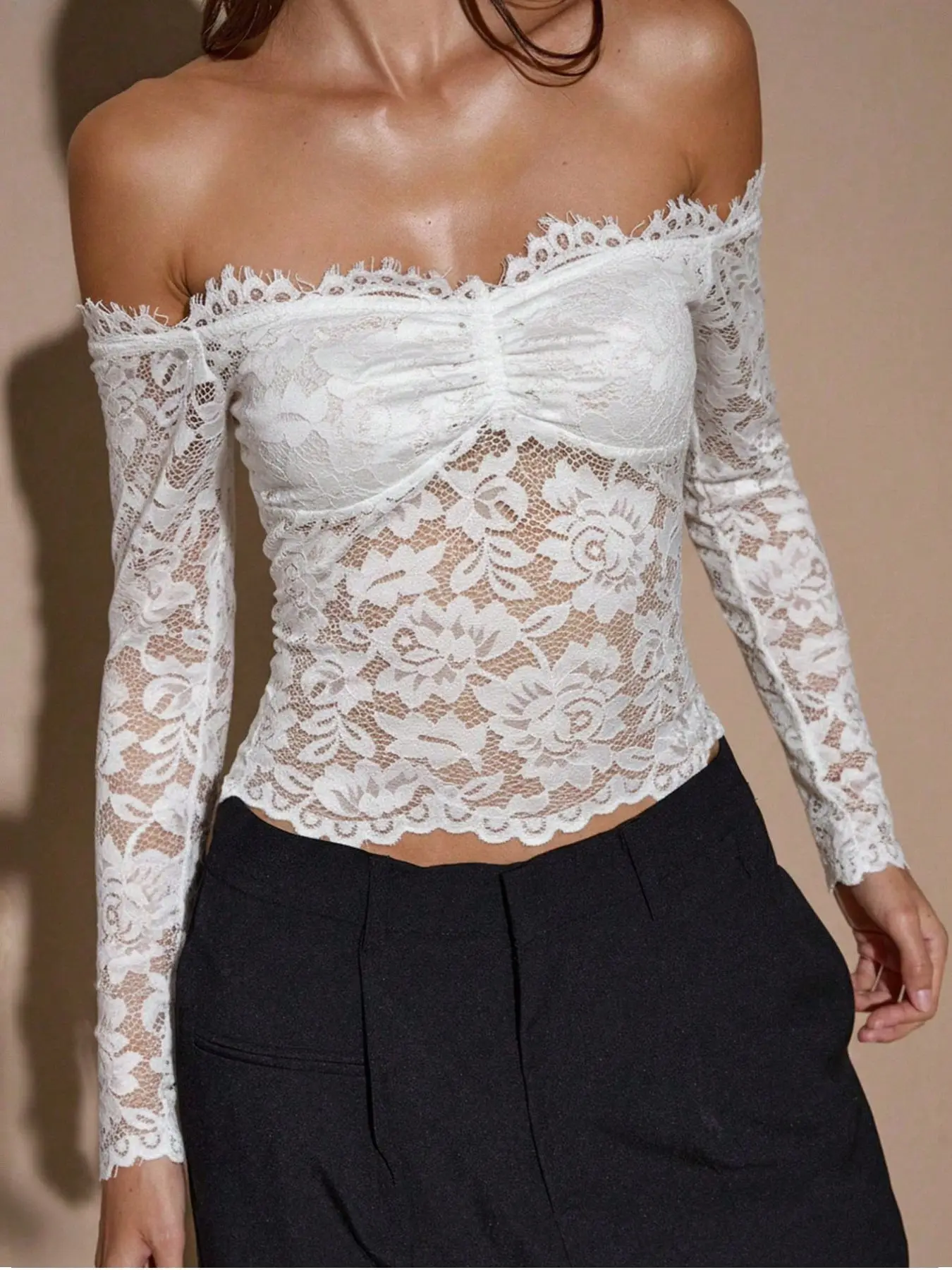 

Women's White Floral Lace Crop Top Off Shoulder Long Sleeve Ruched Bust Sheer Scalloped Trim For Party Night Out Daily Date Wear