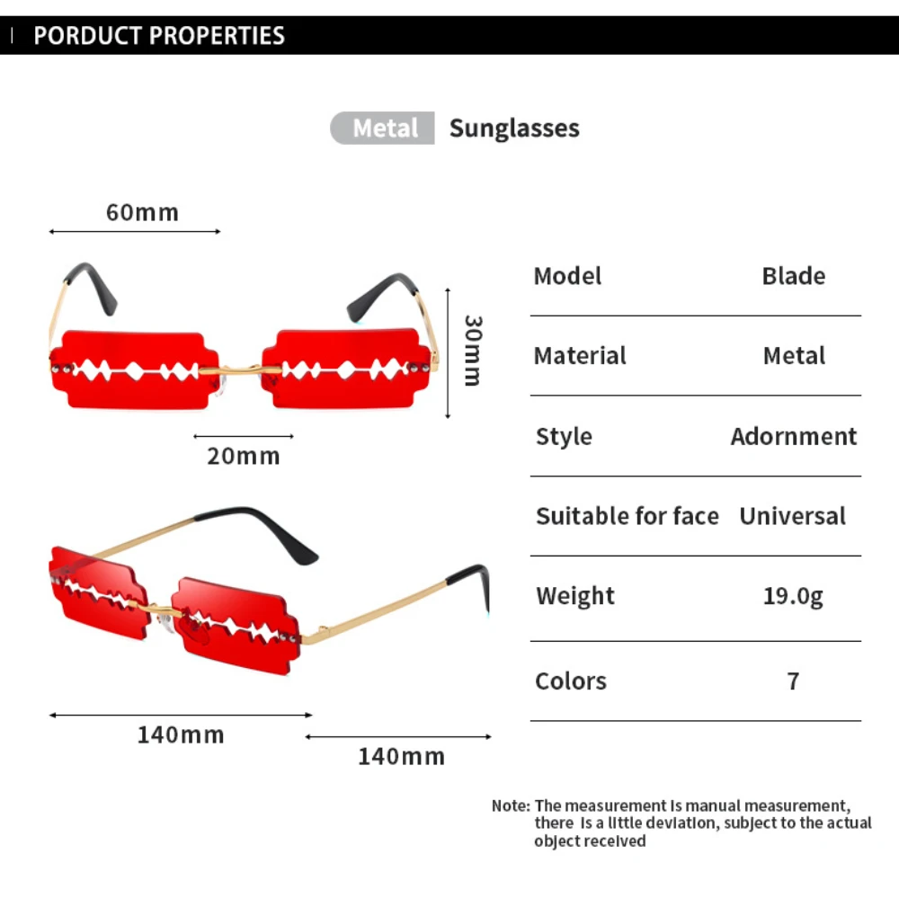 女性のためのエッジのない長方形のサングラス,ユニークなカミソリの刃,面白いサングラス,ヒップホップのトレンド,キャットウォークパーティー,ユニークなファッション
