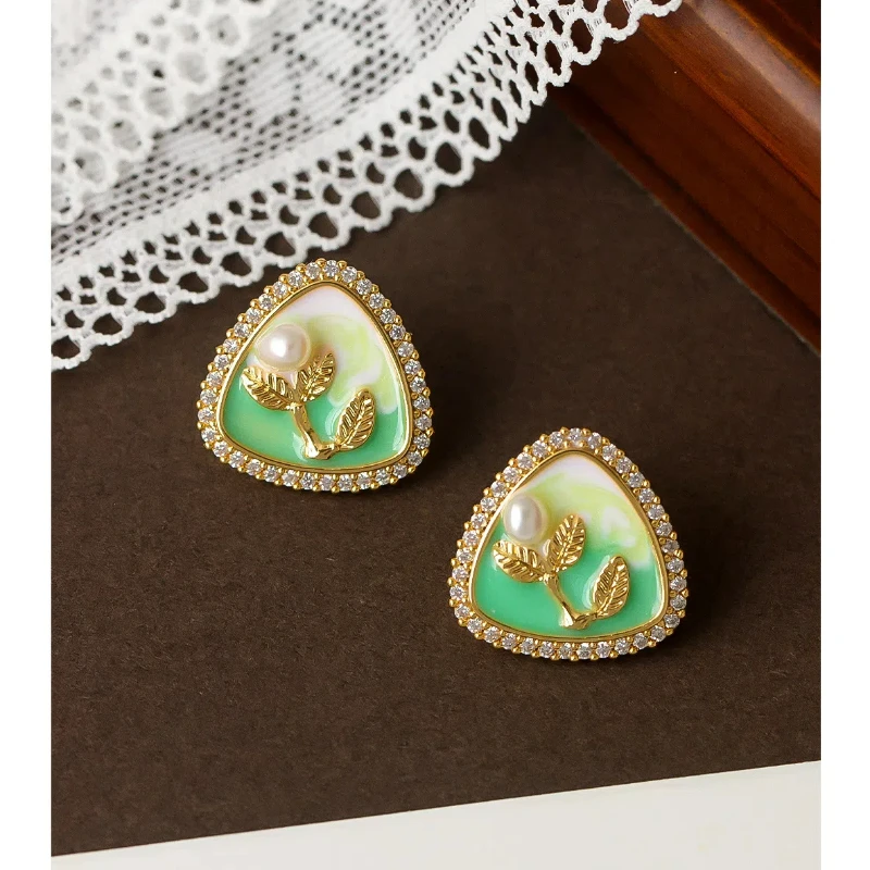 New Chinese Style Summer Atmosphere Partysu,retro Super Immortal Freshwater Pearl Crystal Rhinestone Flower Green Leaf Earrings