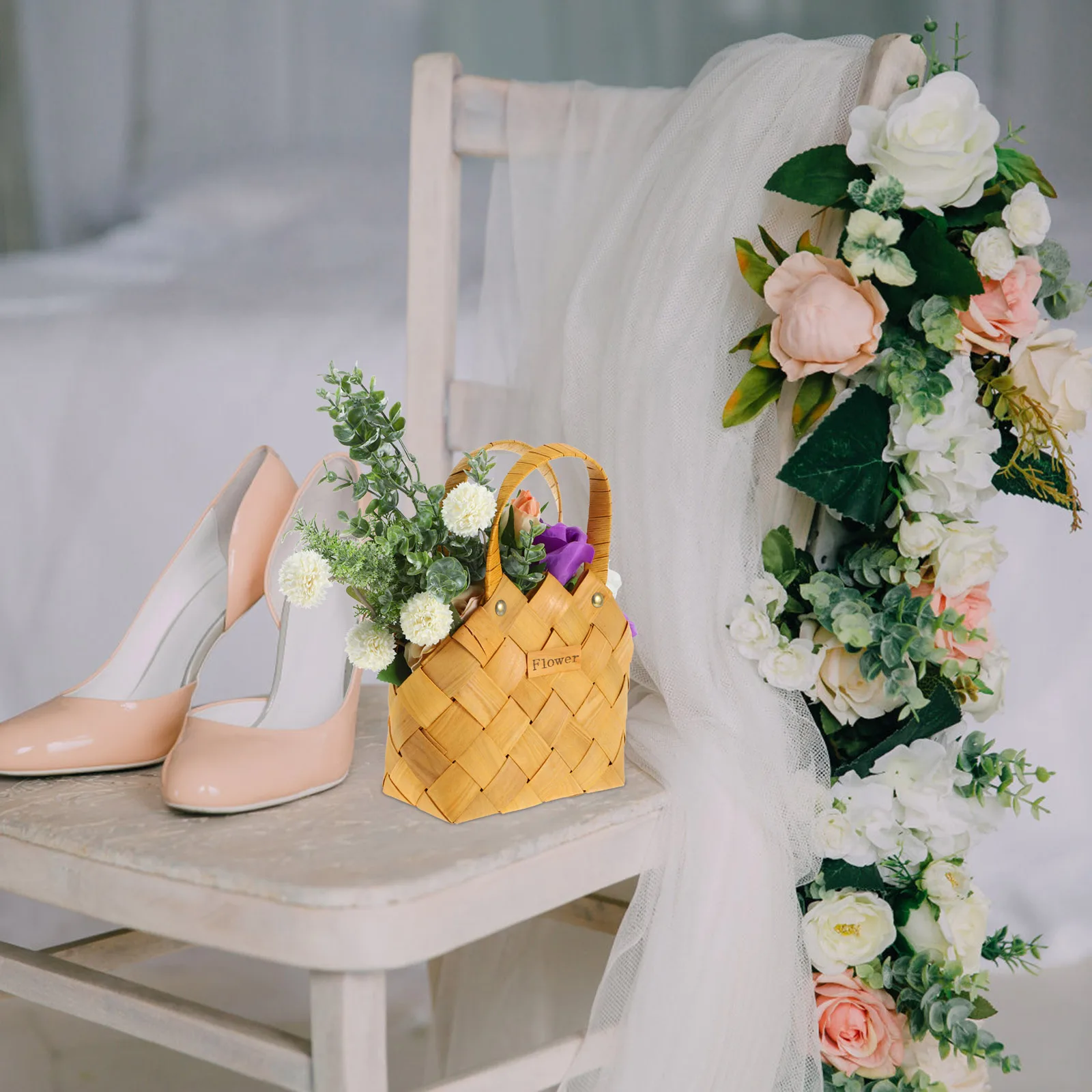 

Rattan Flower Basket Woven Storage Decorative Baskets Portable H woven H Hampers Container Fruit Desktop Safe Material Long