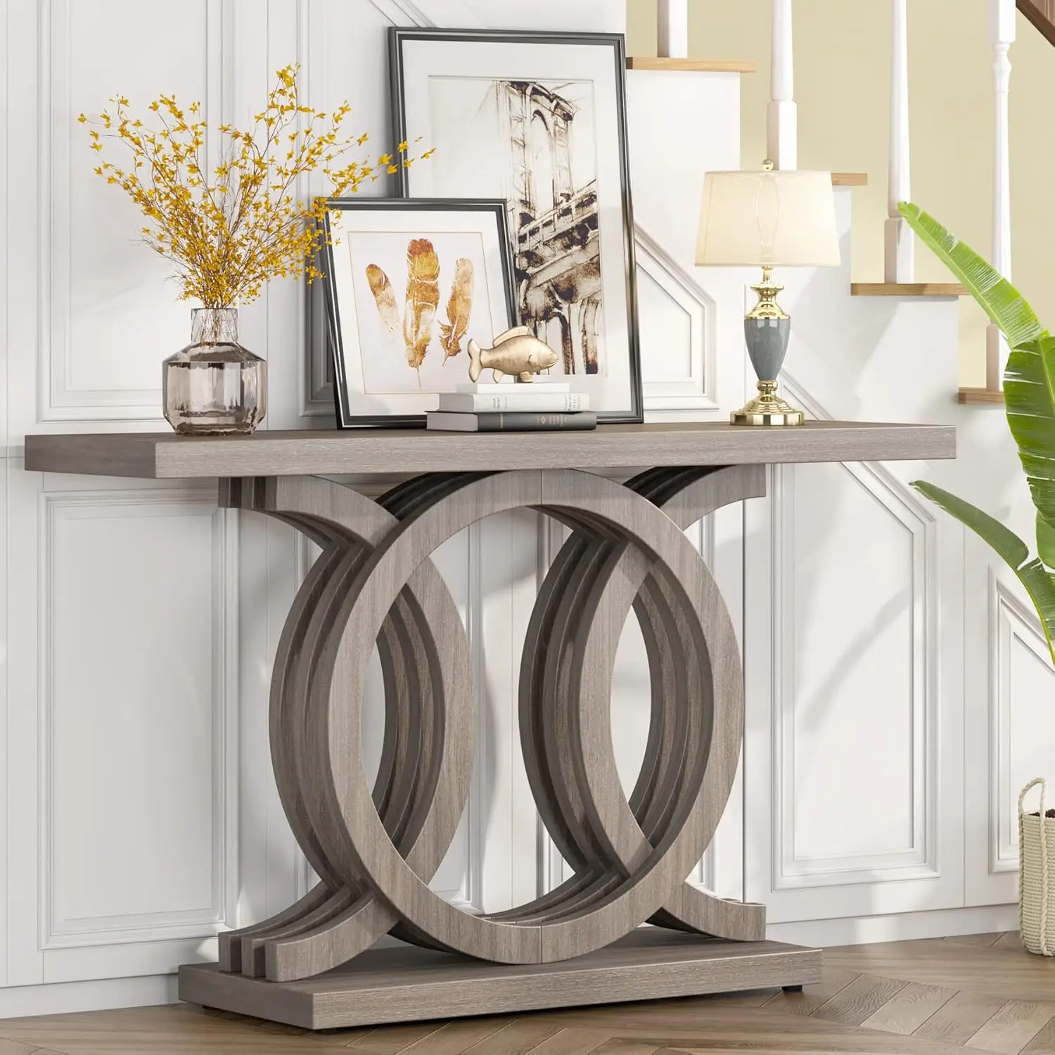 55 inches Console Table with Geometric Base, Farmhouse Hallway Table, Wooden Entryway Table