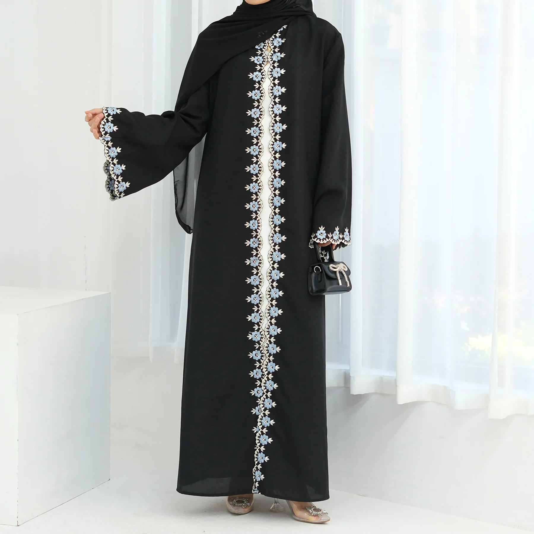 Eid ramadan flor bordado abayas para mulheres vestido muçulmano dubai aberto abaya turquia kaftan kebaya caftan marocain femme robe novo