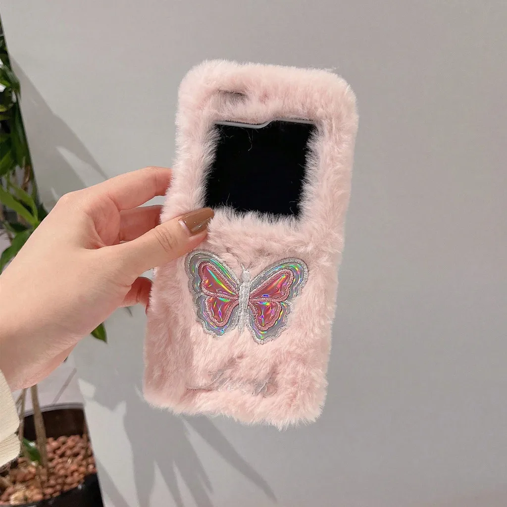 Fashion Cute Embroidered Glitzy Butterfly Winter Warm Plush Fur Case Cover For Samsung Galaxy Z Flip 6 5 4 3 5G