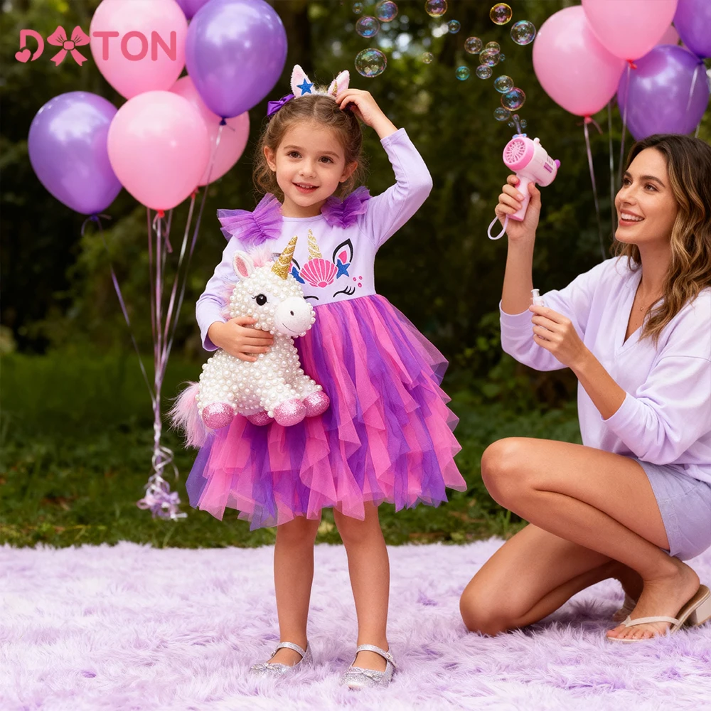 

DXTON Girls Ruffle Princess Dress Cartoon Children's Holiday Party Clothing Gradient Irregular Patchwork Mesh Dress For Girls