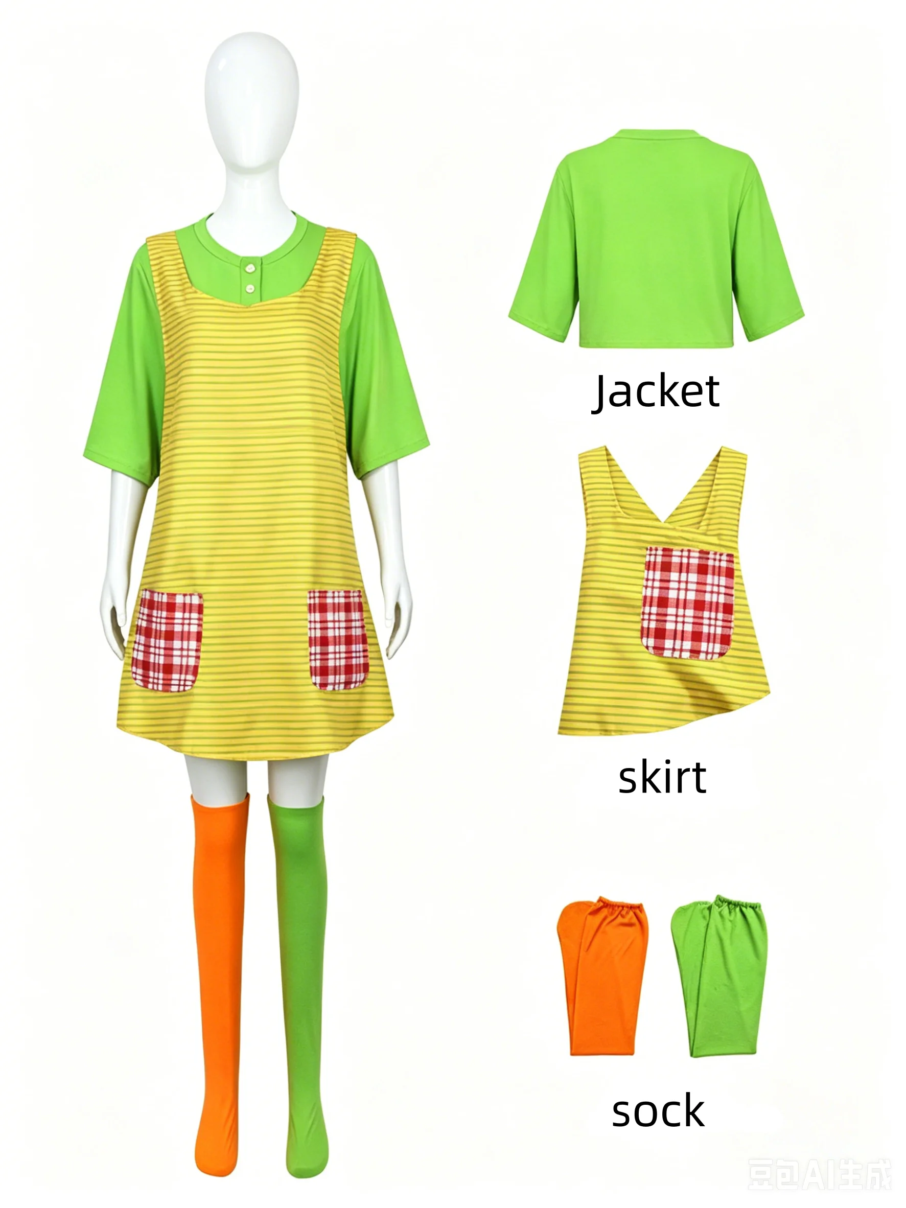 Conjunto de Disfraz de Pippi de Manga Larga Versión Retro para Adultos: Top Verde + Vestido con Chaleco a Rayas Amarillo + Camiseta a Bloques de Color hasta la Rodilla