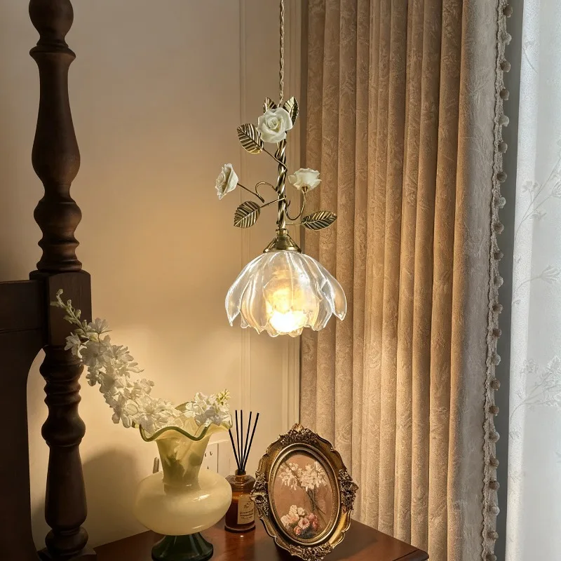 French Retro Decorative Chandelier with Ancient Style and Creative Rose Pendant Lights Bedroom and Dining Room LED Hanging Lamps
