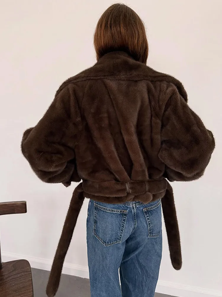 

Классическая коричневая короткая куртка из искусственного меха, женская однотонная двубортная теплая куртка на шнуровке с длинными рукавами, женская зимняя повседневная одежда для поездок на работу, новинка