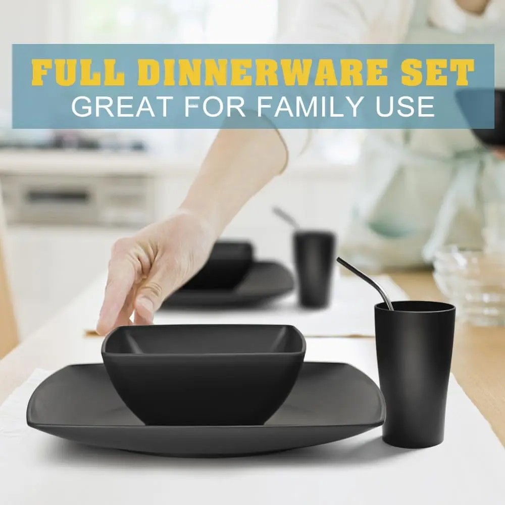 طقم أواني طعام مربعة من قش القمح البلاستيكي للمطبخ مكون من 56 قطعة مكون من 8 قطع، أطباق عشاء غير قابلة للكسر، أوعية للوجبات الخفيفة، أكواب