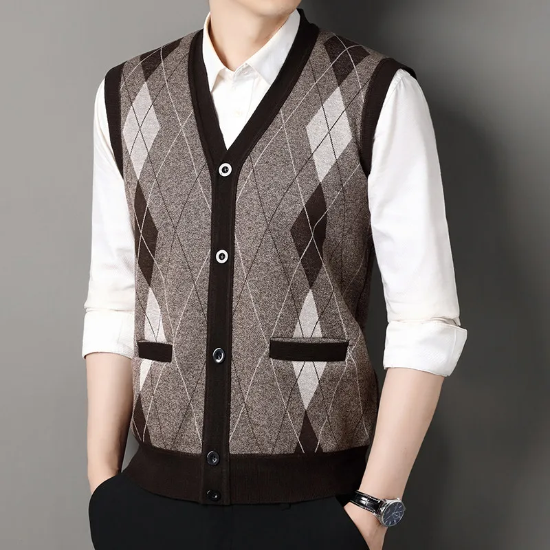 Autumn Mens Fleece Knit Sweater Vest Slim V-Neck Fashion Jacquard weave Mens knitwear Sleeveless Mens Tops