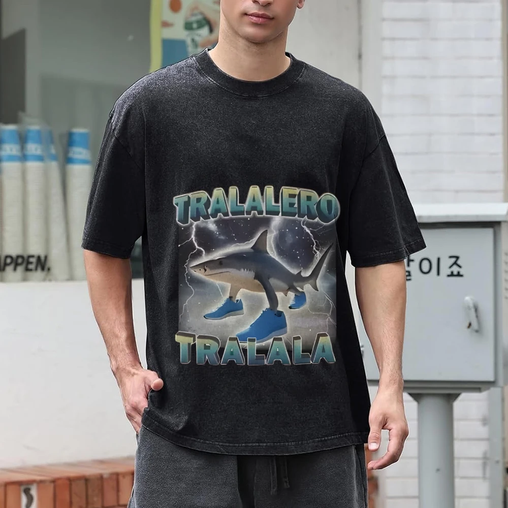 Tralalero Tralala chaussure requin graphique t-shirt Meme ludique enfants surdimensionné lavé chemise hommes femmes confort haut de couleur portant
