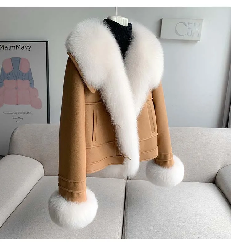 Large Luxury Natural Real Fox Fur Women Vintage Thick Short Faux Lamb Fur Jacket Autumn Winter Female Zipper Belt Coat