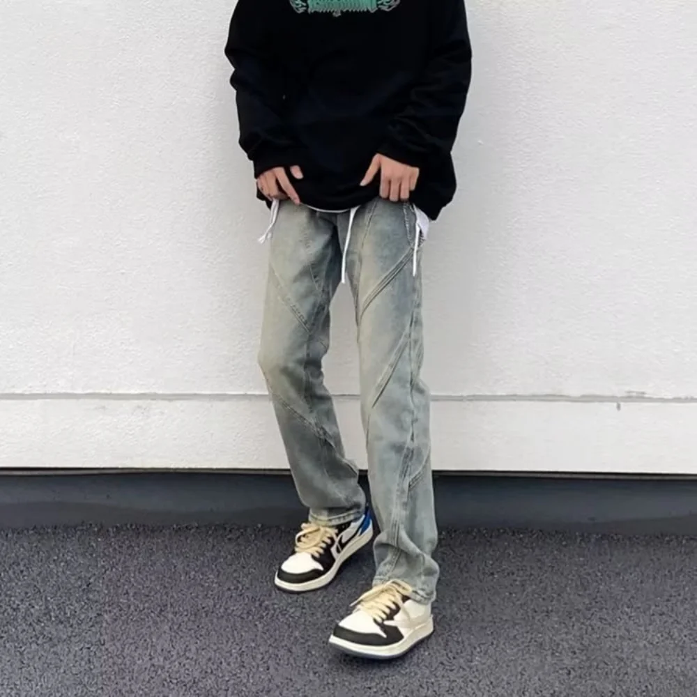 Man Jeans Printed Yellow Mud Dyed Y2k Jeans Men American High Street Pants Retro Loose Straight Hundred Wide Leg Long Pants