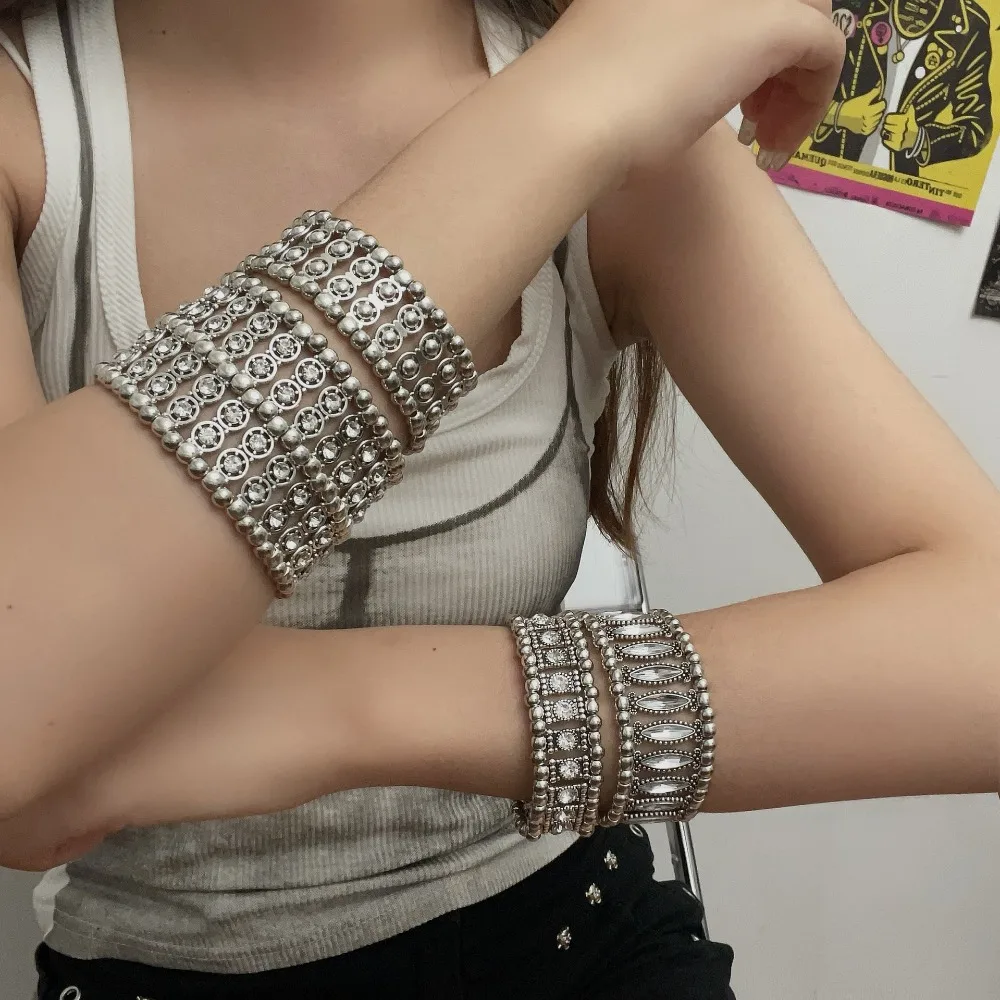 Retro Luxury Sliver Color Geometric Double Row Super Sparkling Rhinestone Wide Bracelets for Women Hot Girl Y2K Jewelry Gifts