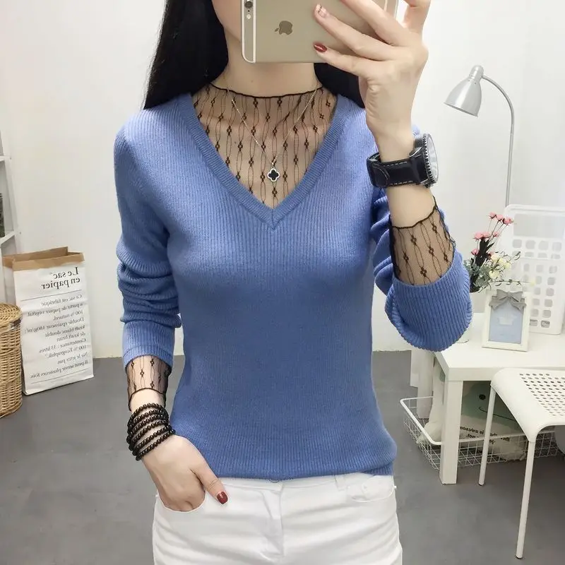 Women\'s Clothing V-neck Lace Mesh Gauze Sweaters Autumn Fashion Loose Long Sleeve Knit Pullovers Lady Elegant Chic Tops 40-80Kg