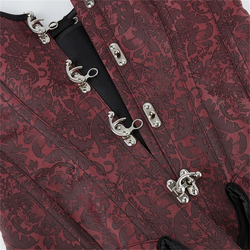 Women Dark Red Vintage Gothic Overbust Corset Tops Fan Shaped Hem Shoulder Straps Bustier Vest Sexy Body Shaper Fishbone Bodice