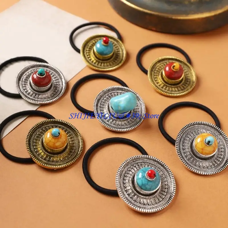 

E21F Ponytail Holder Elastic Hair Tie Turquoise Ethnic Comfortable Band Daily Accessory