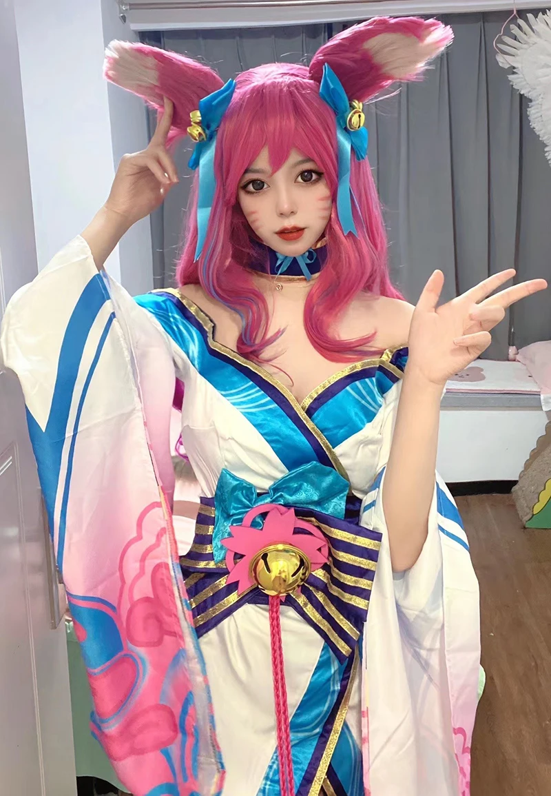 Ahri Cosplay Costume Anime Game LOL Spirit Blossom League of Legends Dress For Women Girl Wig Halloween Party Sexy Kimono Suit