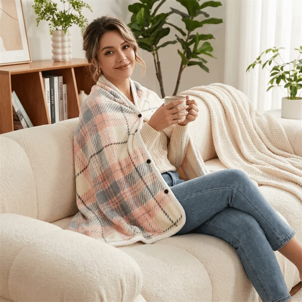 Flannel Material Wearable Blanket Button Closure Plaid Pattern Throw Blanket Warm Fabric Lightweight Shawl Blanket Indoor