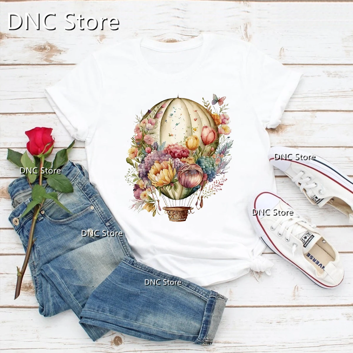 2024 New Women's T-shirt Fun Watercolor Flower Hot Air Balloon Graphic Print Tshirt Fashion Trend Femme T Shirt O-neck Shirt Top