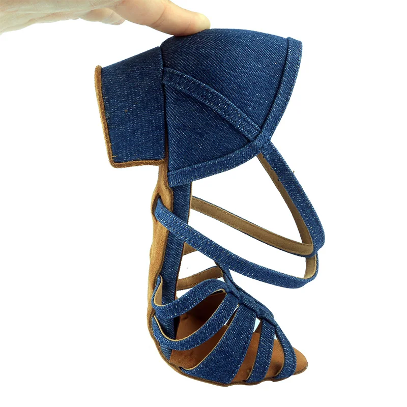 Wedopus ブルーデニムダンスシューズローヒールスエードソール社交サルサシューズダンスサンダル女性用カスタマイズヒール