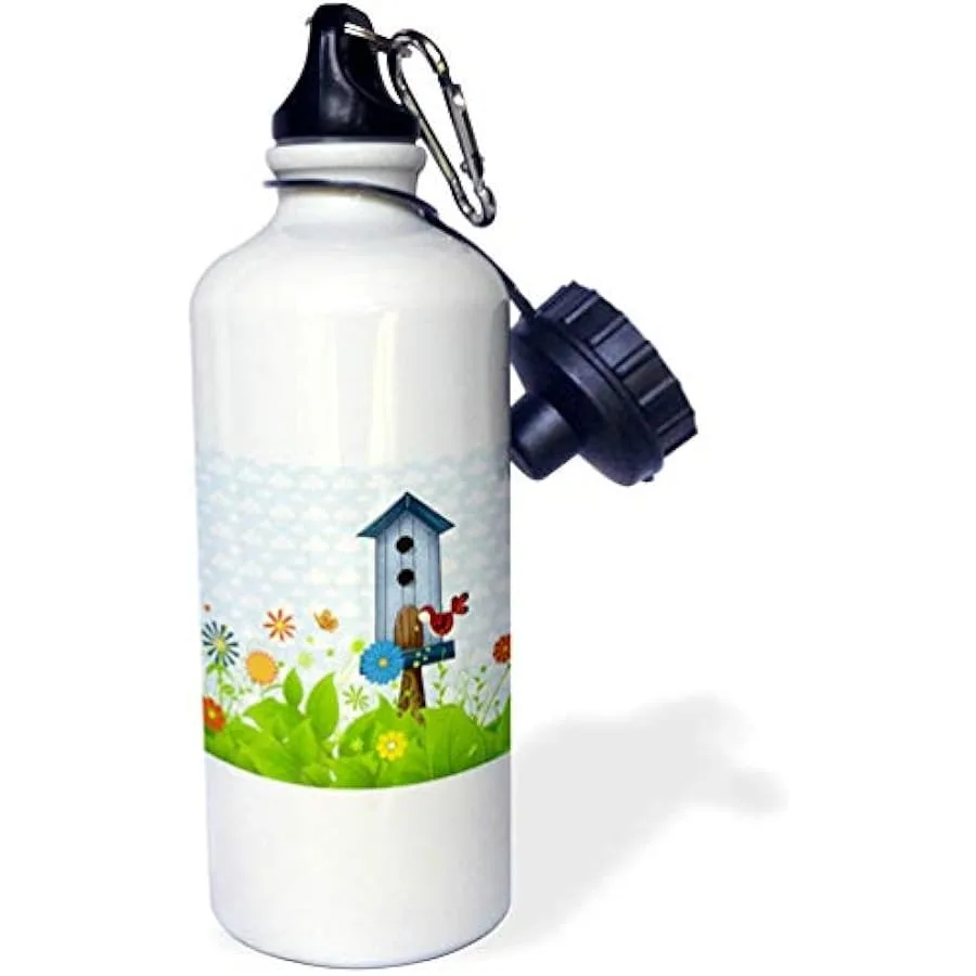 

3dRose "Red Bird and a Blue Birdhouse in a Sweet Garden of Flowers" Sports Water Bottle 21 oz White