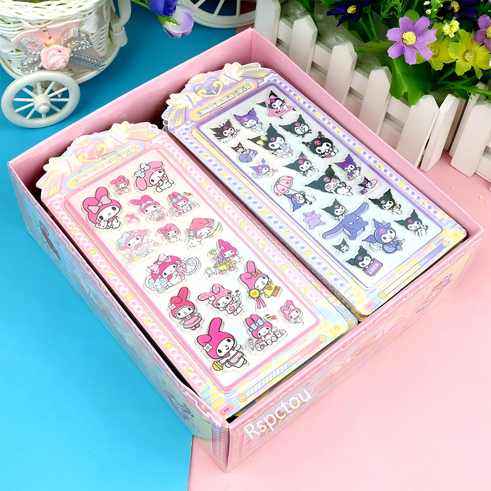 4pcs Kawaii Sanrio Acryl 3D Relief Stickers Esthetische Anime Decals Speelgoed Waterdicht Cinnamoroll My Melody Kuromi Sticker