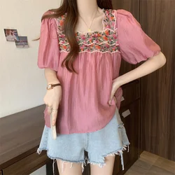 Women Summer Simplicity Loose Fashion Embroidered Square Collar Short Sleeve Shirts Ladies Casual All-match Appear Thin Top Tee